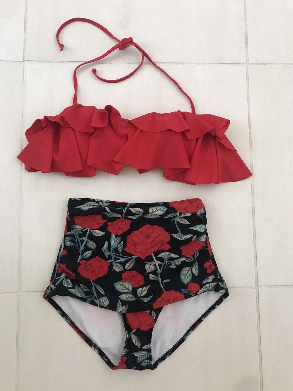 Cocoship Swim Ruffled High Waist Floral Bikini Set Swimsuit